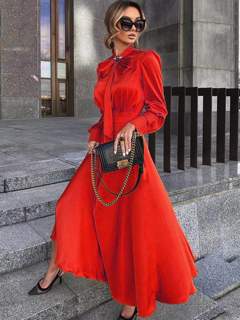 Robe Longue Femme Orange Jaune Col Rabattu Manches Longues Maxi - Rouge