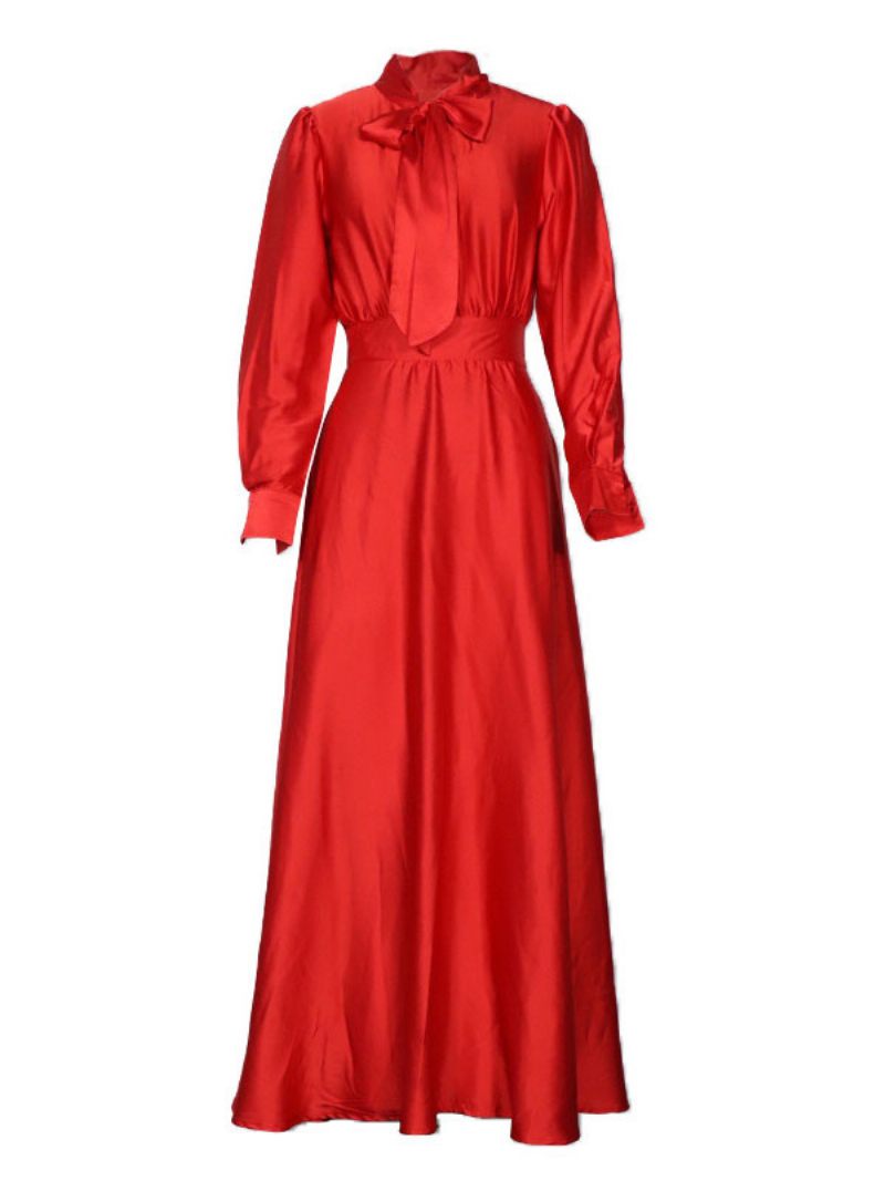 Robe Longue Femme Orange Jaune Col Rabattu Manches Longues Maxi - Rouge