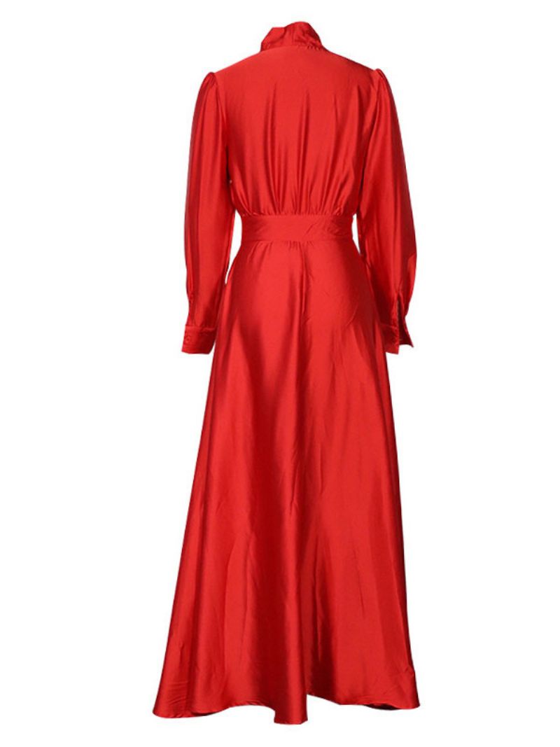 Robe Longue Femme Orange Jaune Col Rabattu Manches Longues Maxi - Rouge