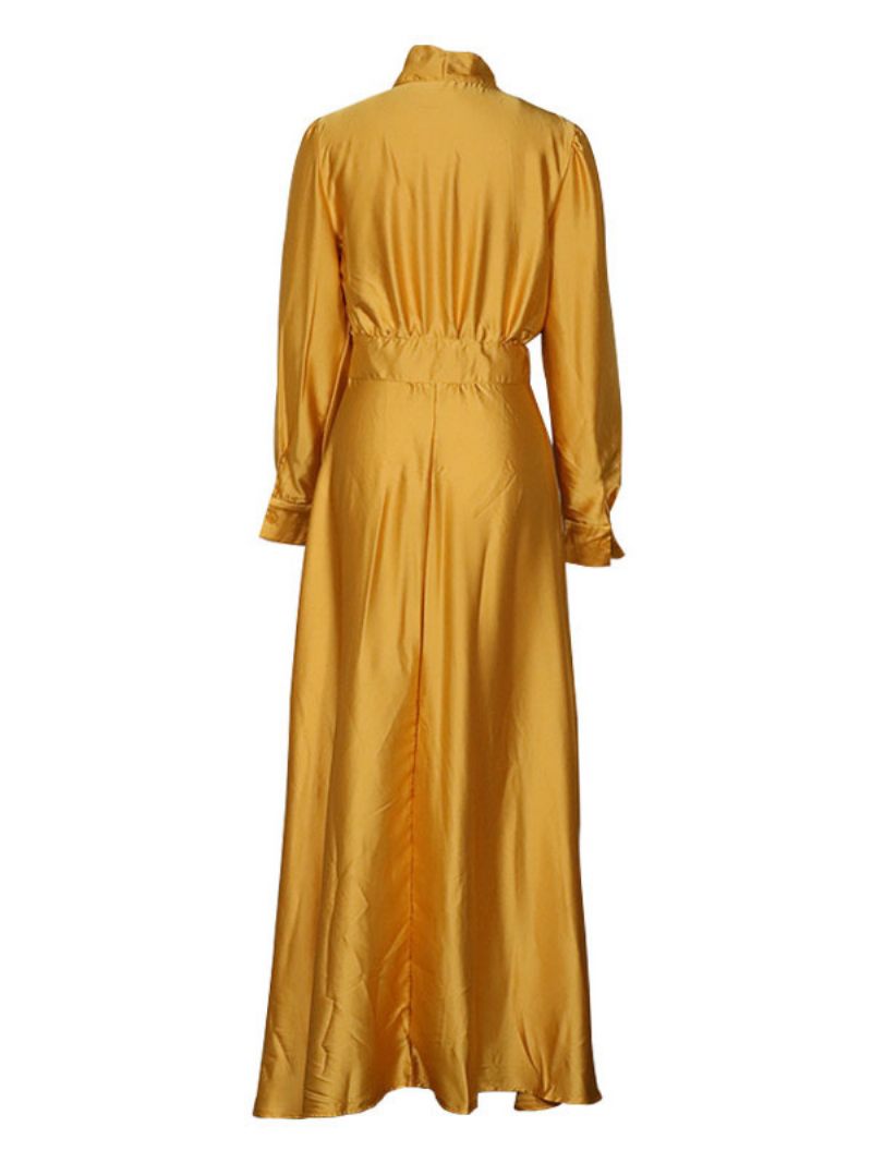 Robe Longue Femme Orange Jaune Col Rabattu Manches Longues Maxi - Orange