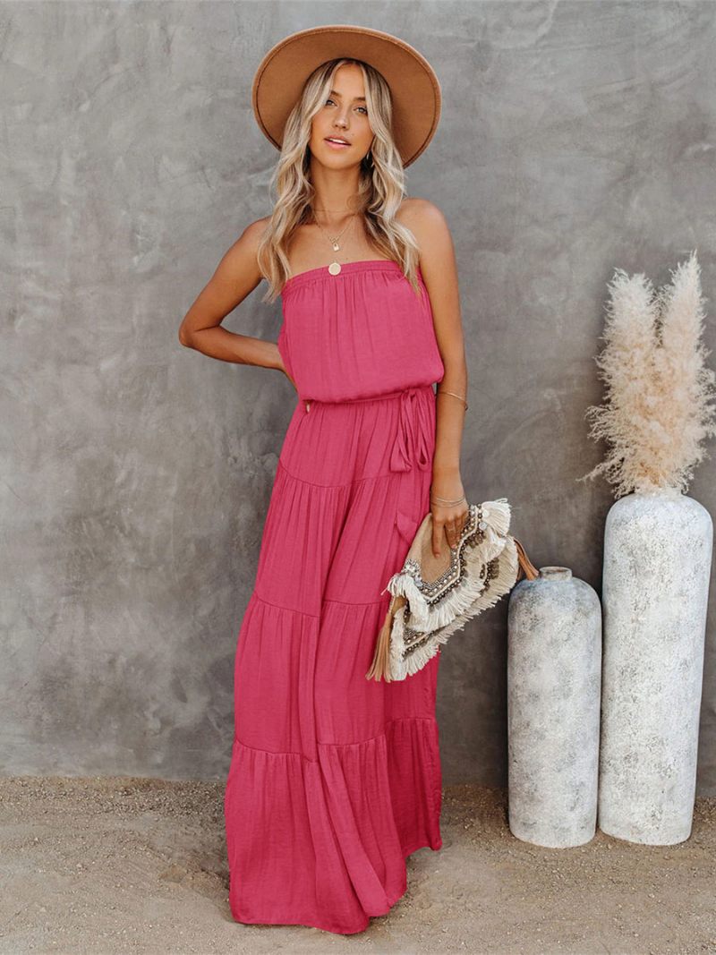 Robe Longue Pour Femmes Col Bateau Sans Manches Longueur Au Sol - Rose