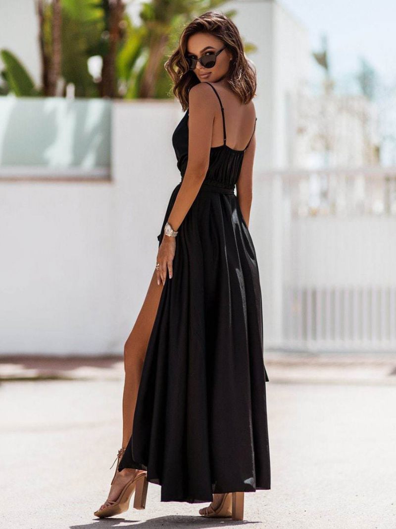 Robe Longue Pour Femmes Col Bijou Sans Manches Ceinture Sexy Longueur Au Sol - Noir