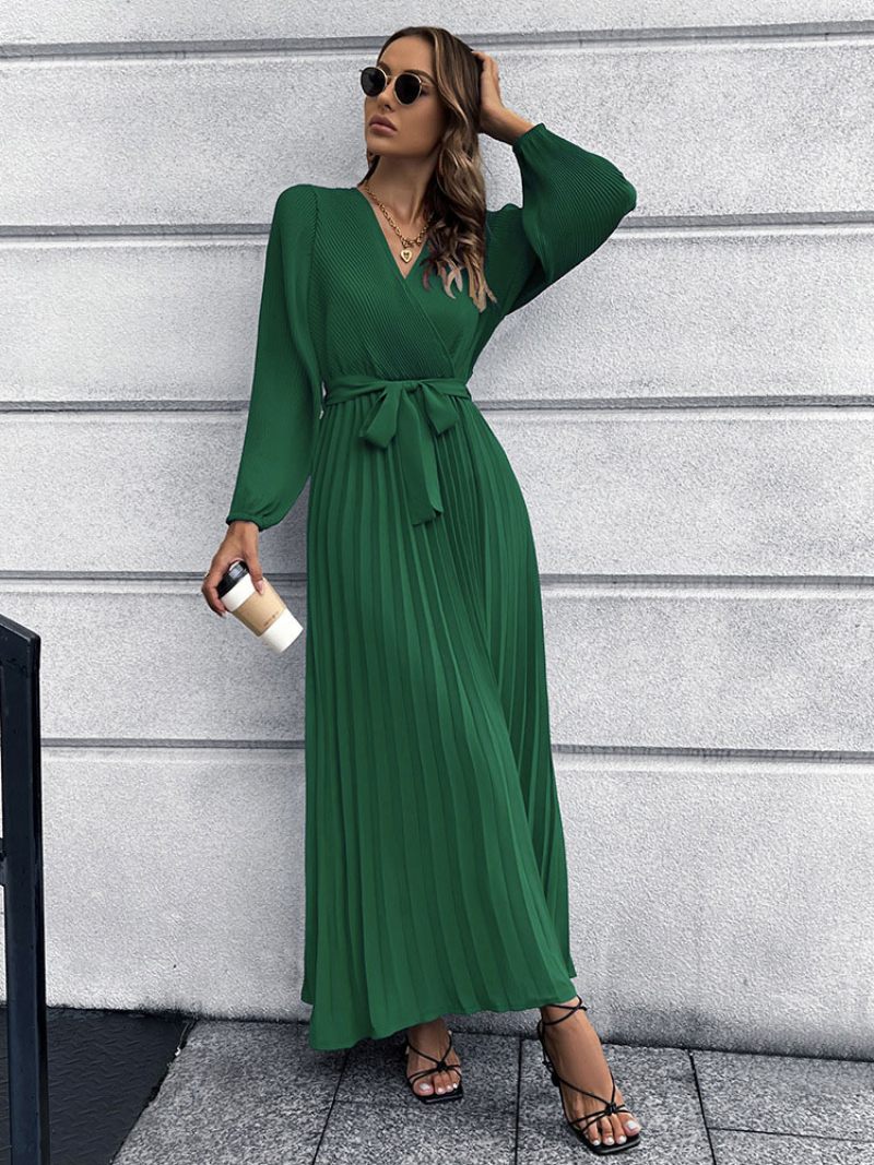 Robe Longue Pour Femmes Col V Manches Longues Superposée - Vert