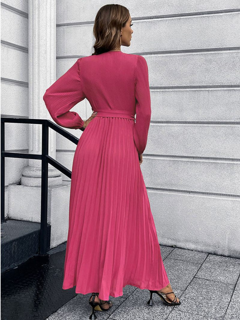 Robe Longue Pour Femmes Col V Manches Longues Superposée - Rose