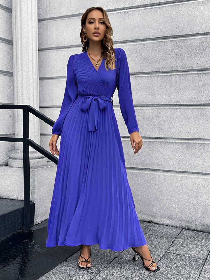 Robe Longue Pour Femmes Col V Manches Longues Superposée - Bleu