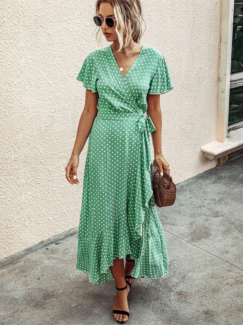 Robe Longue Imprimée À Manches Courtes Et Col V Pour Femme - Vert