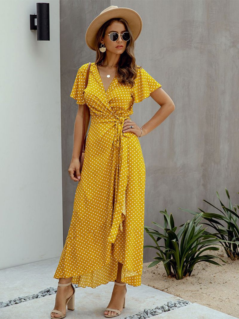 Robe Longue Imprimée À Manches Courtes Et Col V Pour Femme - Jaune