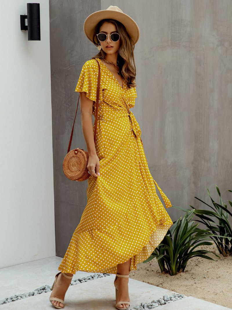 Robe Longue Imprimée À Manches Courtes Et Col V Pour Femme - Jaune