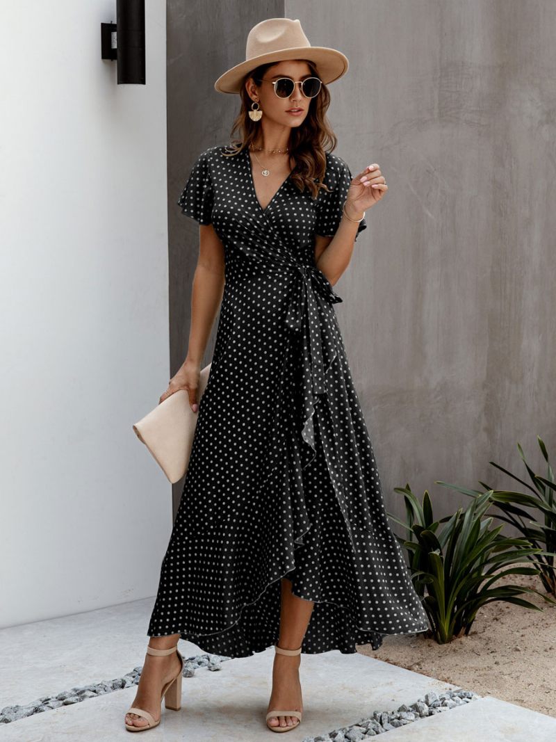 Robe Longue Imprimée À Manches Courtes Et Col V Pour Femme - Noir