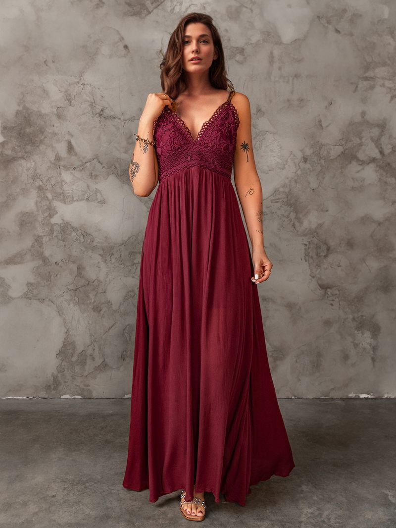 Robe Longue Sans Manches Pour Femmes Corsage Dentelle Col V Robes Maxi Élégantes Et Sexy