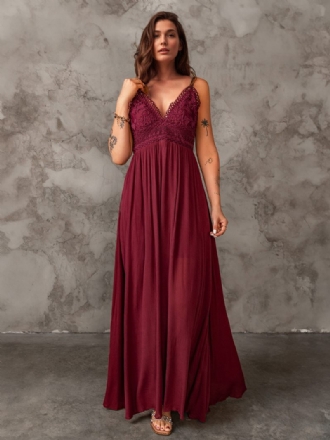 Robe Longue Sans Manches Pour Femmes Corsage Dentelle Col V Robes Maxi Élégantes Et Sexy