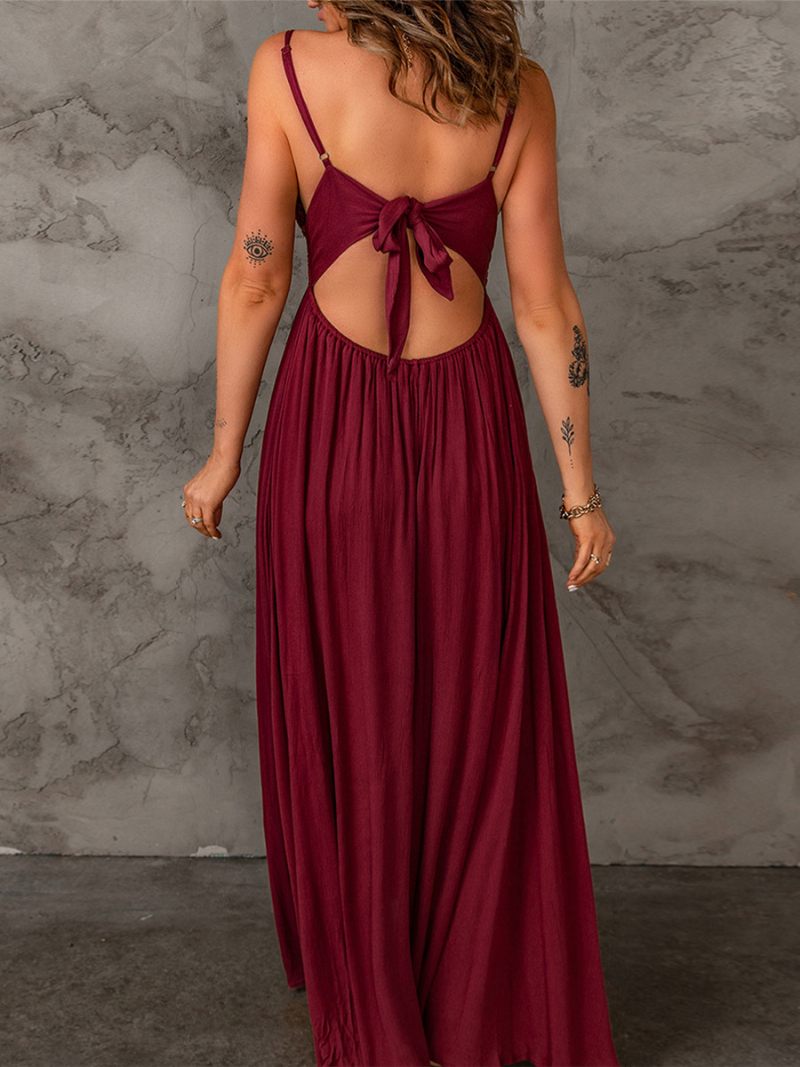 Robe Longue Sans Manches Pour Femmes Corsage Dentelle Col V Robes Maxi Élégantes Et Sexy - Rouge