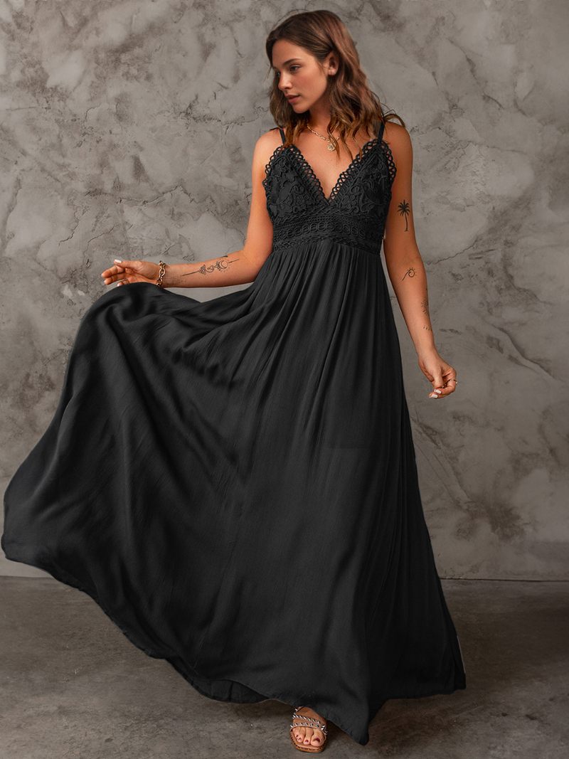 Robe Longue Sans Manches Pour Femmes Corsage Dentelle Col V Robes Maxi Élégantes Et Sexy - Noir