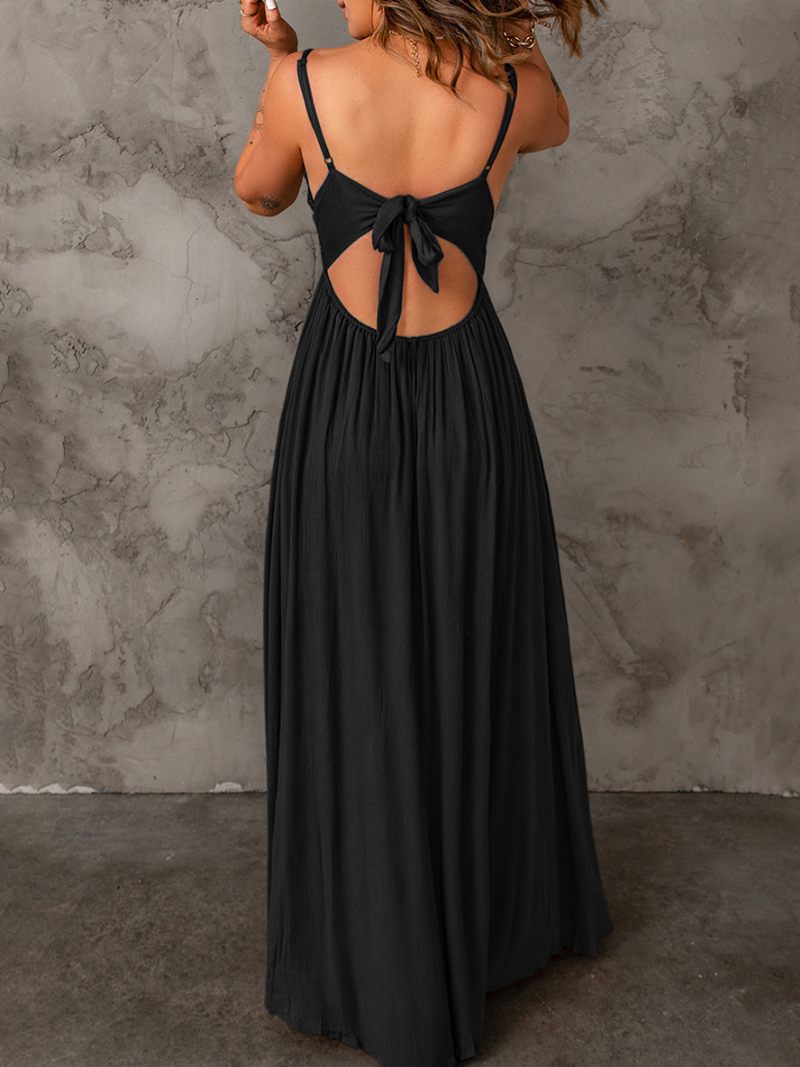 Robe Longue Sans Manches Pour Femmes Corsage Dentelle Col V Robes Maxi Élégantes Et Sexy - Noir