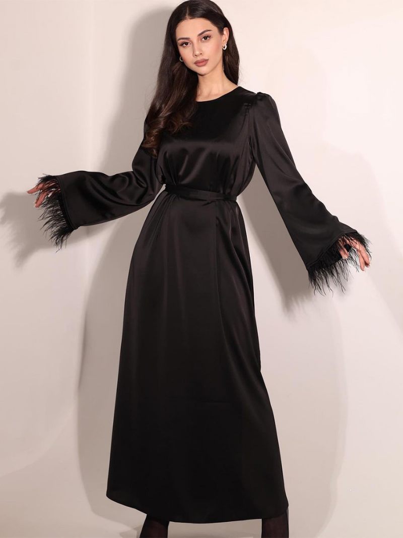 Robe Longue Satin Pour Femmes Manches Plumes Ceinturée Robes Soirée Classiques