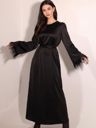 Robe Longue Satin Pour Femmes Manches Plumes Ceinturée Robes Soirée Classiques