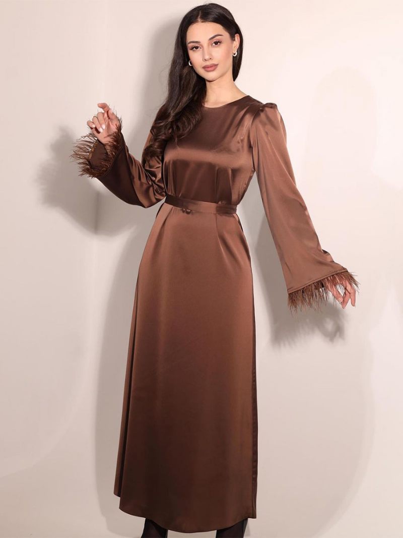 Robe Longue Satin Pour Femmes Manches Plumes Ceinturée Robes Soirée Classiques - Marron Café