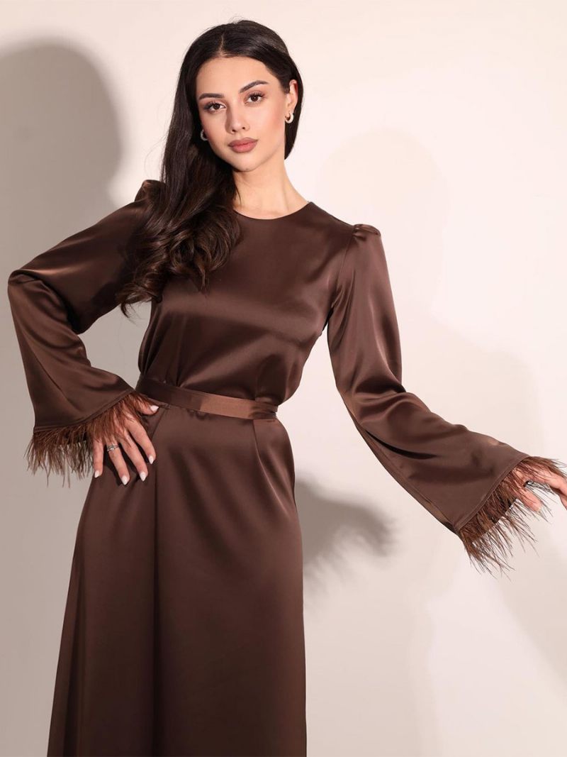 Robe Longue Satin Pour Femmes Manches Plumes Ceinturée Robes Soirée Classiques - Marron Café