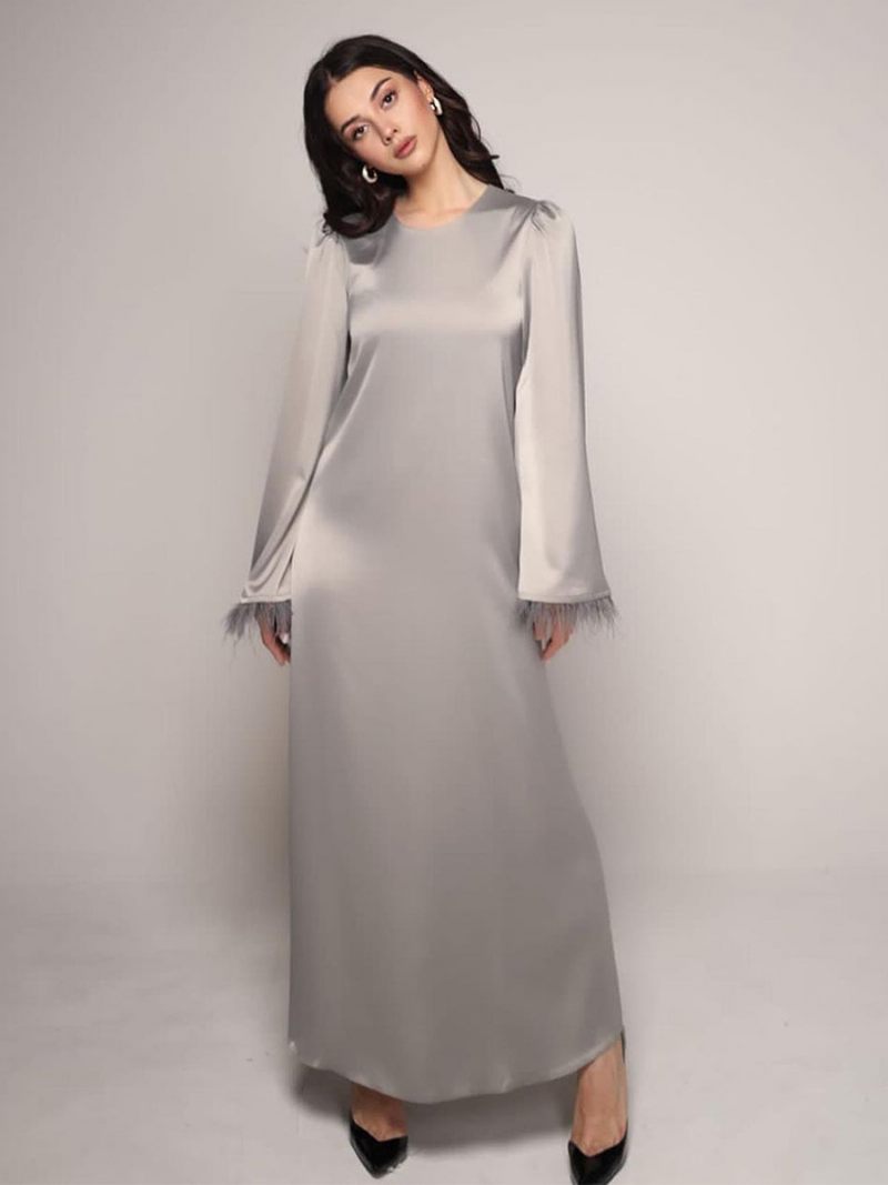 Robe Longue Satin Pour Femmes Manches Plumes Ceinturée Robes Soirée Classiques - Gris Clair