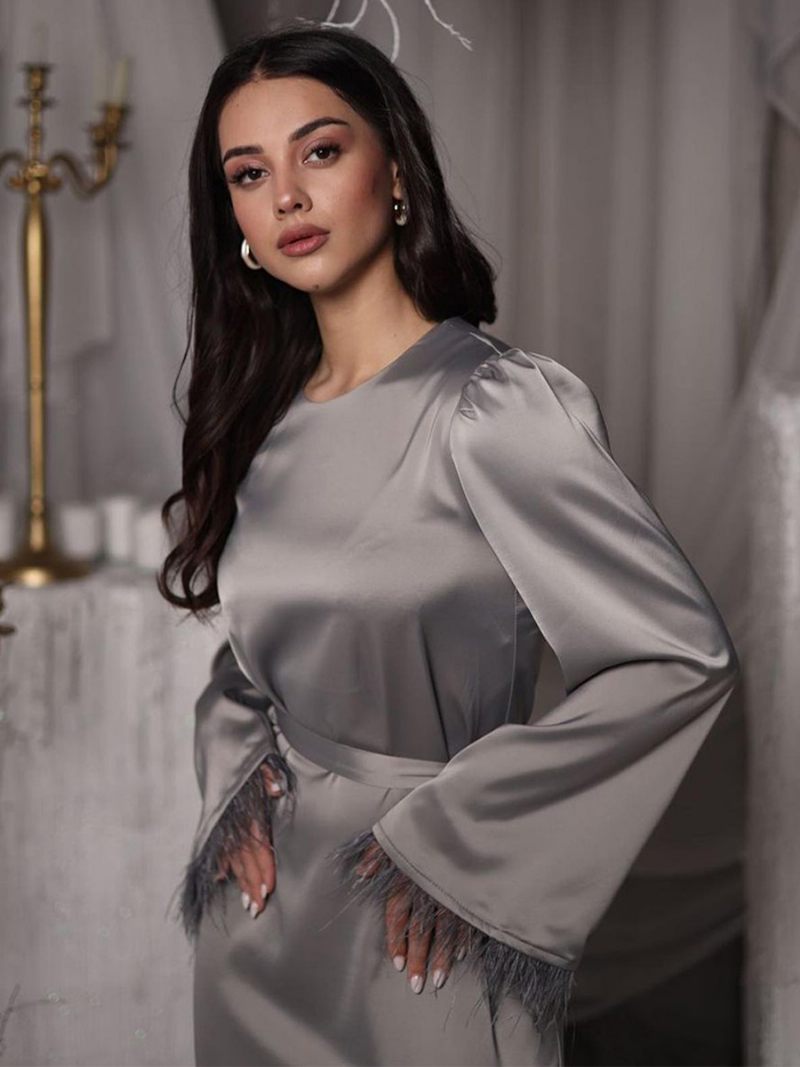 Robe Longue Satin Pour Femmes Manches Plumes Ceinturée Robes Soirée Classiques - Gris Clair