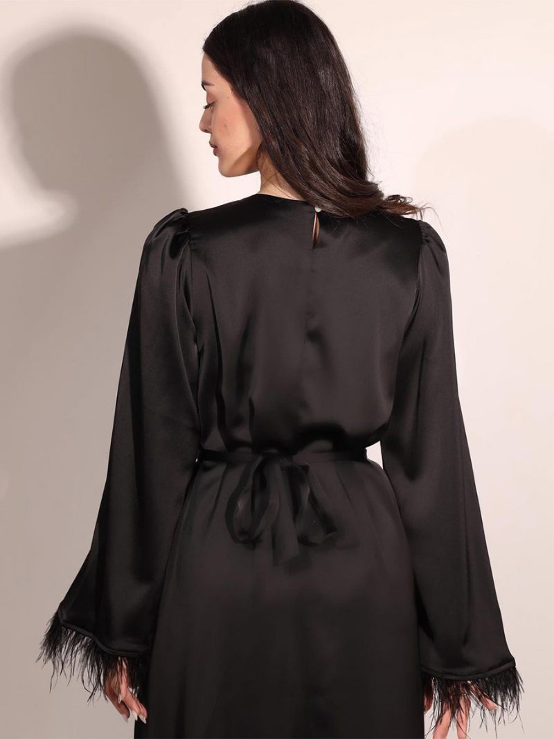 Robe Longue Satin Pour Femmes Manches Plumes Ceinturée Robes Soirée Classiques - Noir