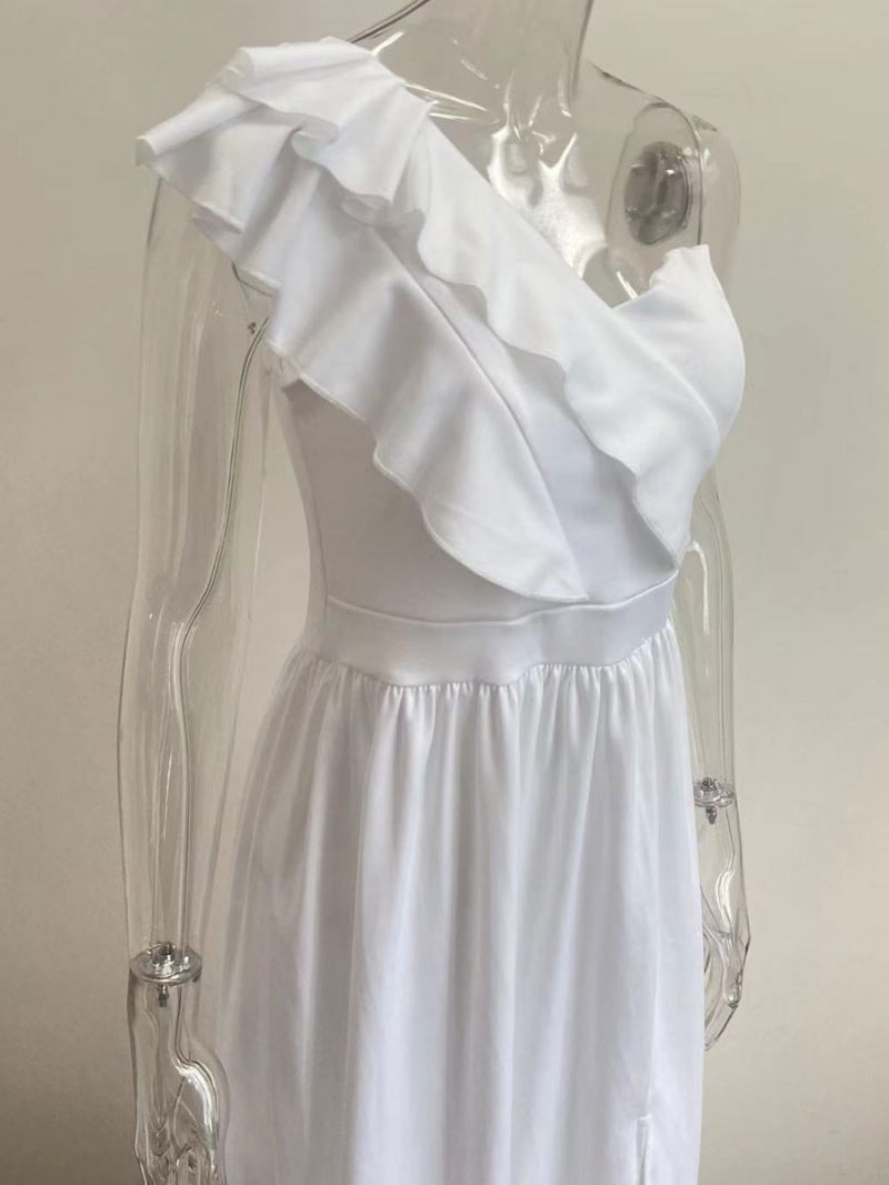 Robe Longue À Une Épaule Pour Femmes Sans Manches Fente Basse Robes Bal Longues - Blanc