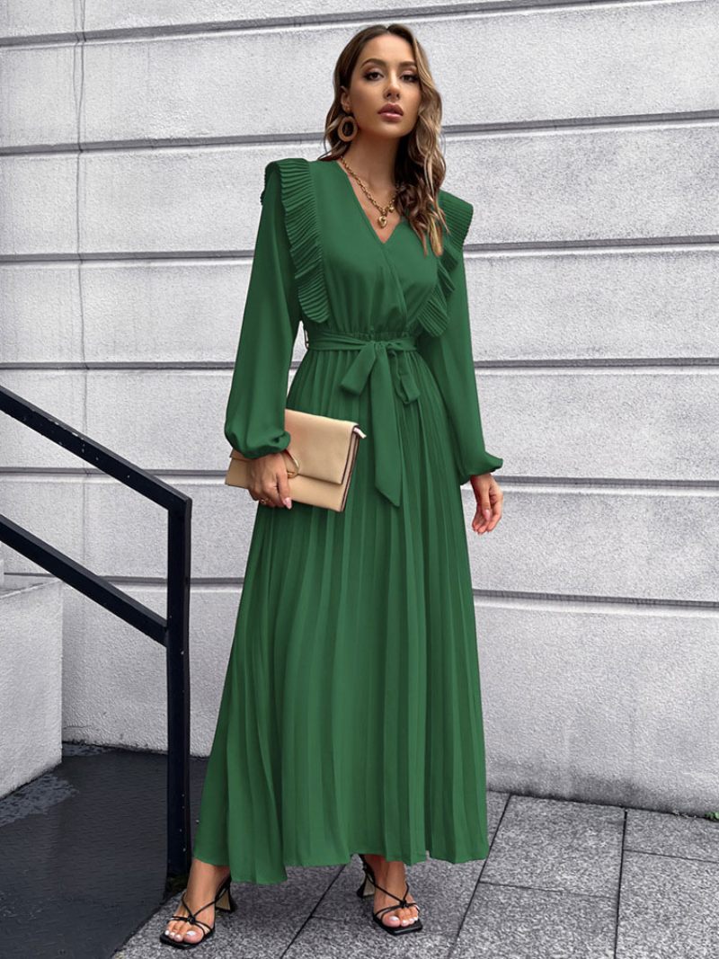 Robe Maxi Femme Col V Manches Longues Longue - Vert