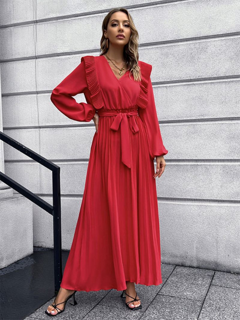 Robe Maxi Femme Col V Manches Longues Longue - Rouge