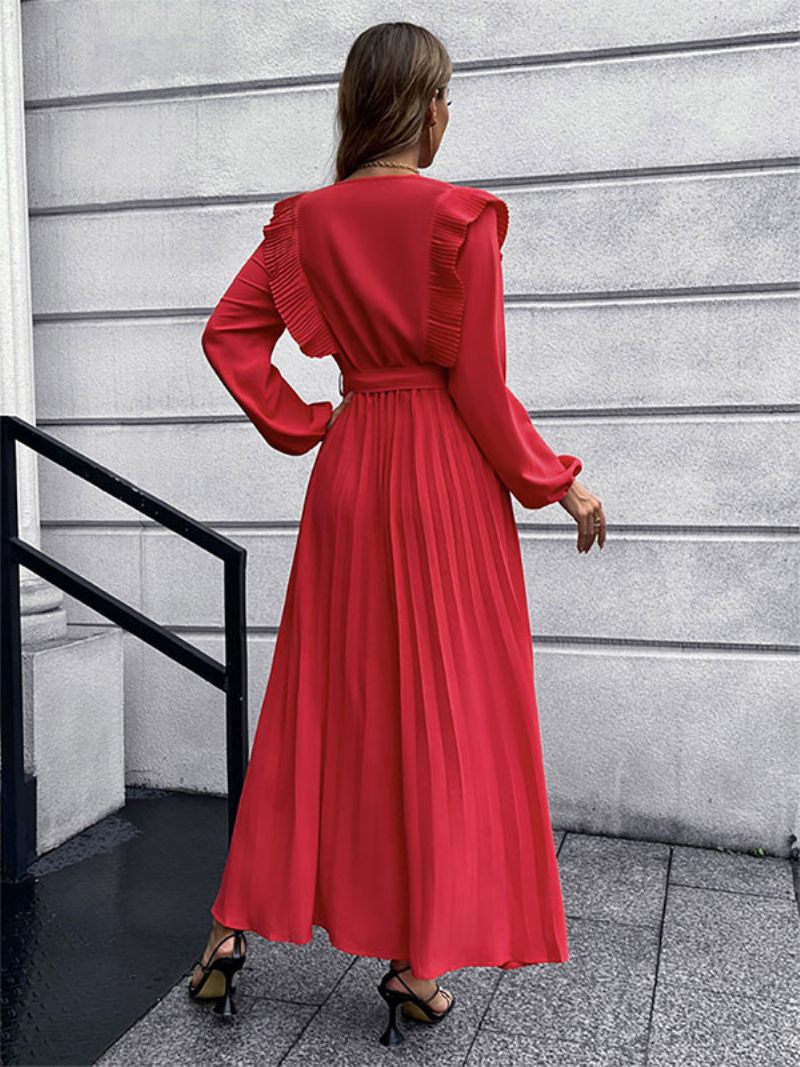 Robe Maxi Femme Col V Manches Longues Longue - Rouge