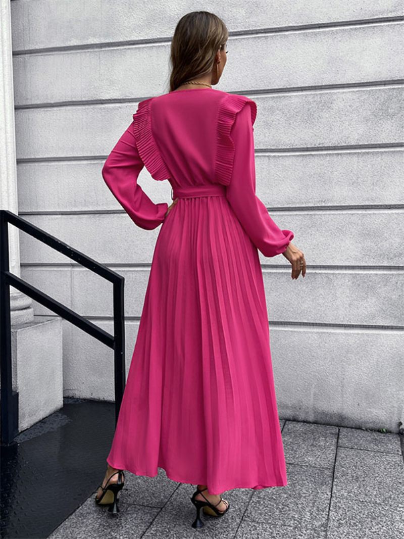 Robe Maxi Femme Col V Manches Longues Longue - Rose