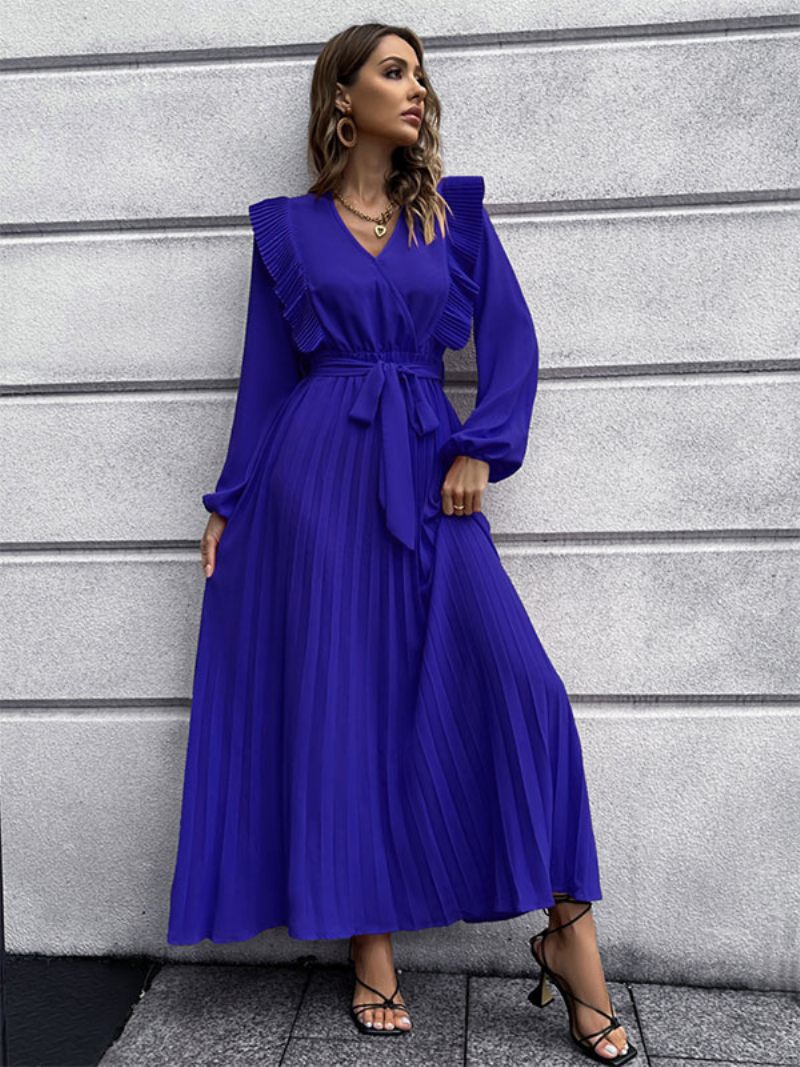 Robe Maxi Femme Col V Manches Longues Longue - Bleu