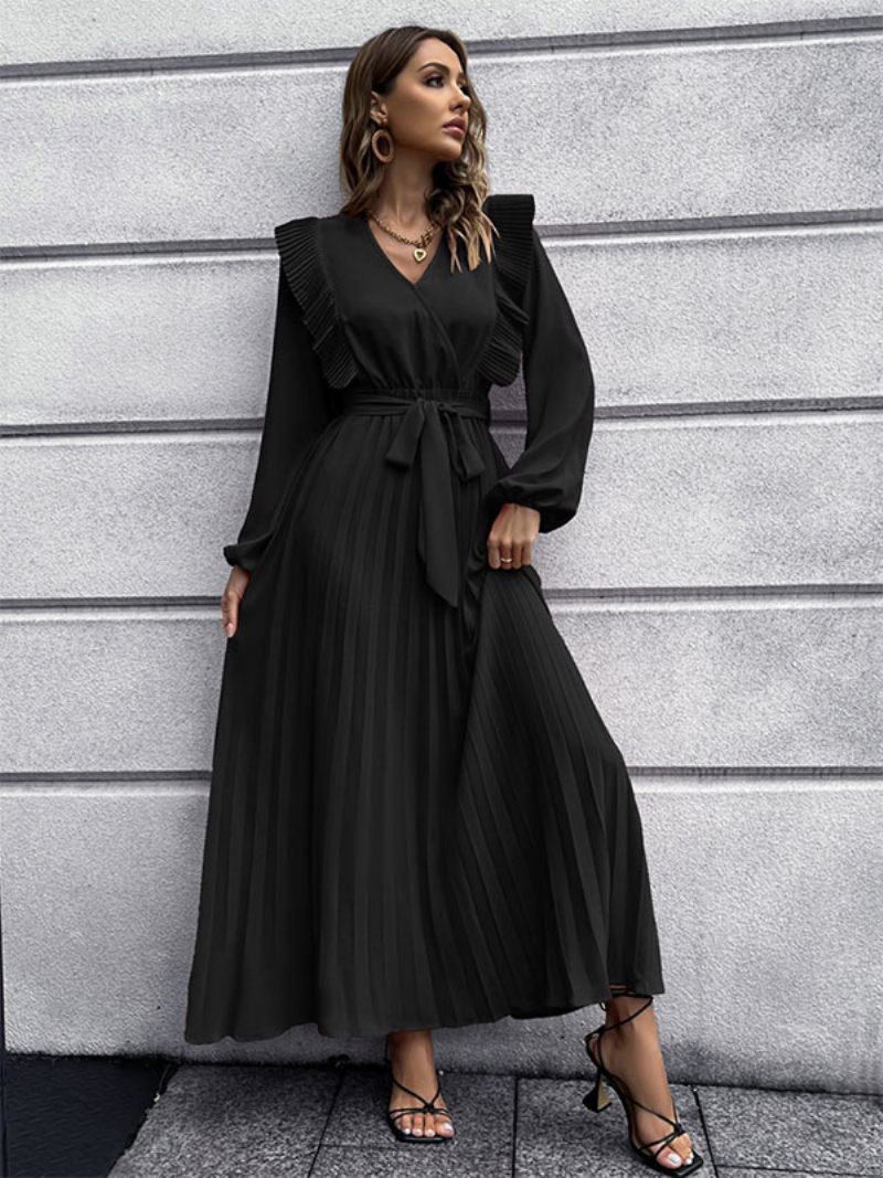 Robe Maxi Femme Col V Manches Longues Longue - Noir