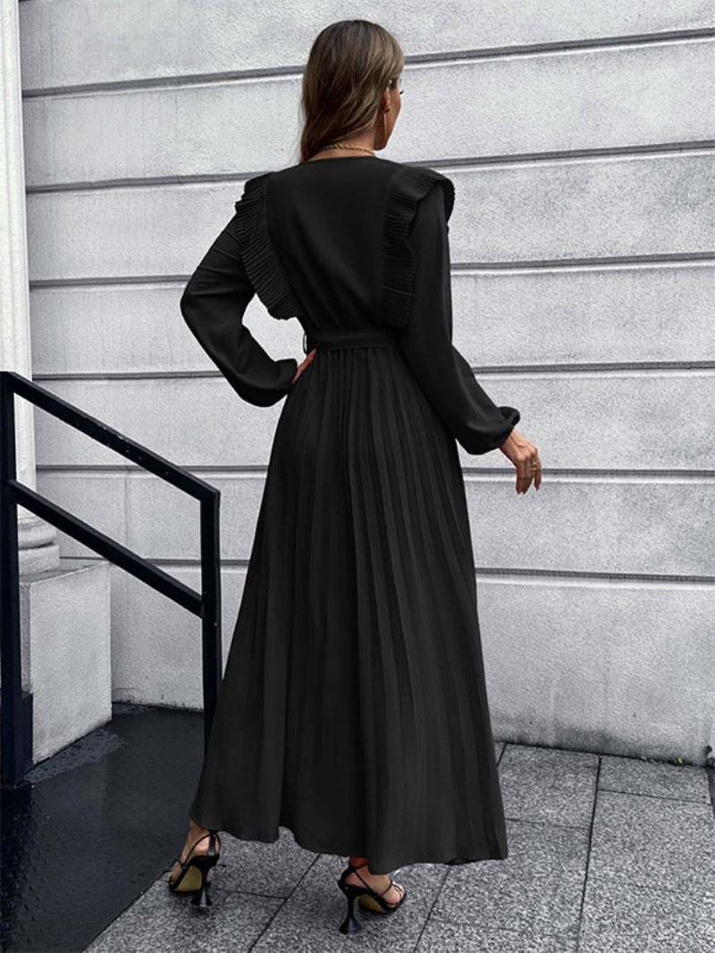 Robe Maxi Femme Col V Manches Longues Longue - Noir