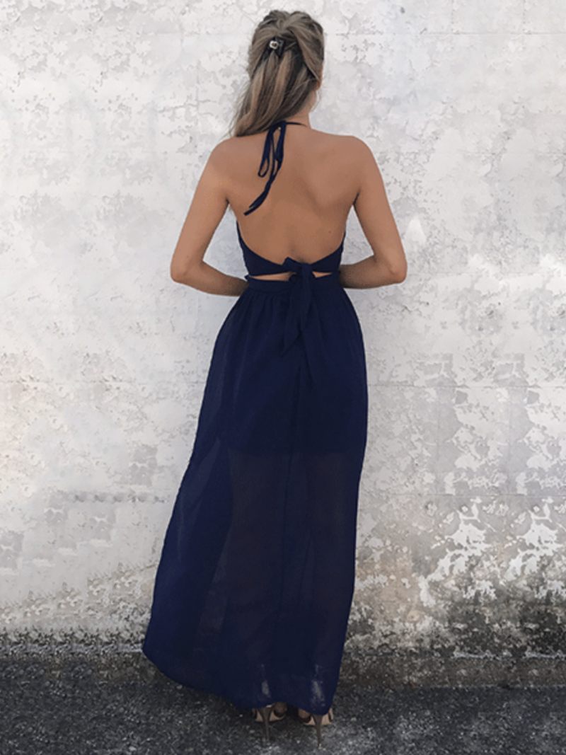 Robe Maxi Pour Femmes Dos Nu Torsadé Longue Fendue Mousseline Soie Bleu Marine Foncé Sexy - Bleu Marine Foncé