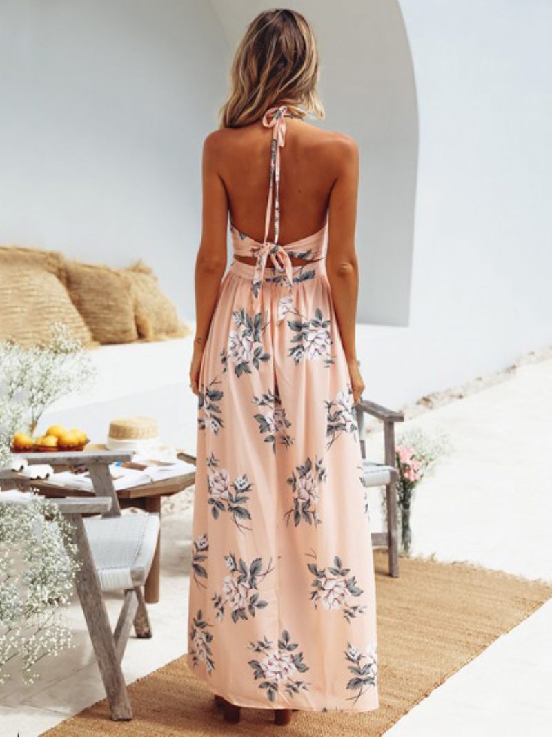 Robe Maxi Pour Femmes Dos Nu Torsadé Longue Fendue Mousseline Soie Bleu Marine Foncé Sexy - Rose Clair