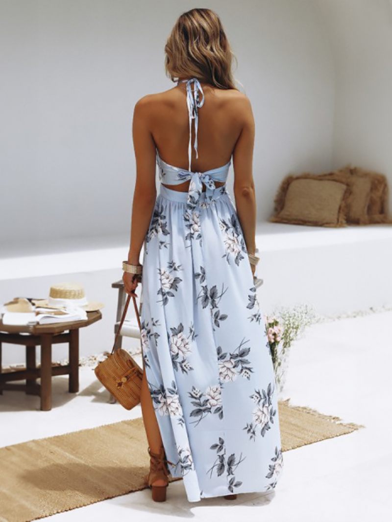 Robe Maxi Pour Femmes Dos Nu Torsadé Longue Fendue Mousseline Soie Bleu Marine Foncé Sexy - Bleu Ciel Clair