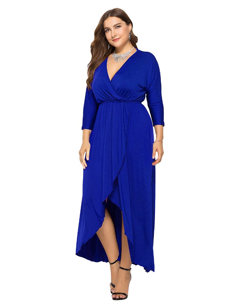 Robe Maxi Grande Taille Pour Femmes Bleu Bip Manches Longues Col V Longue Surdimensionnée - Bleu Royal