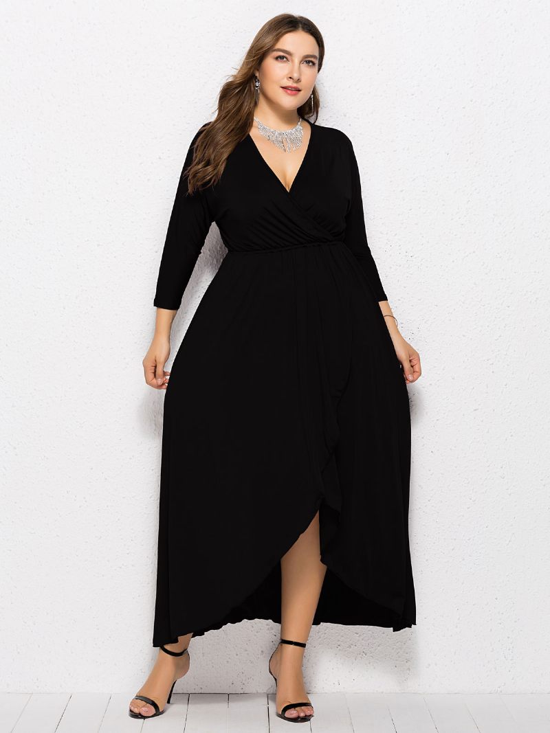 Robe Maxi Grande Taille Pour Femmes Bleu Bip Manches Longues Col V Longue Surdimensionnée - Noir