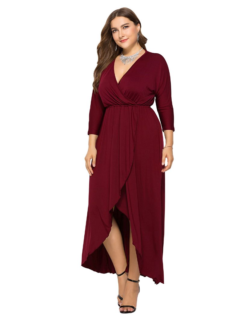 Robe Maxi Grande Taille Pour Femmes Bleu Bip Manches Longues Col V Longue Surdimensionnée - Bourgogne