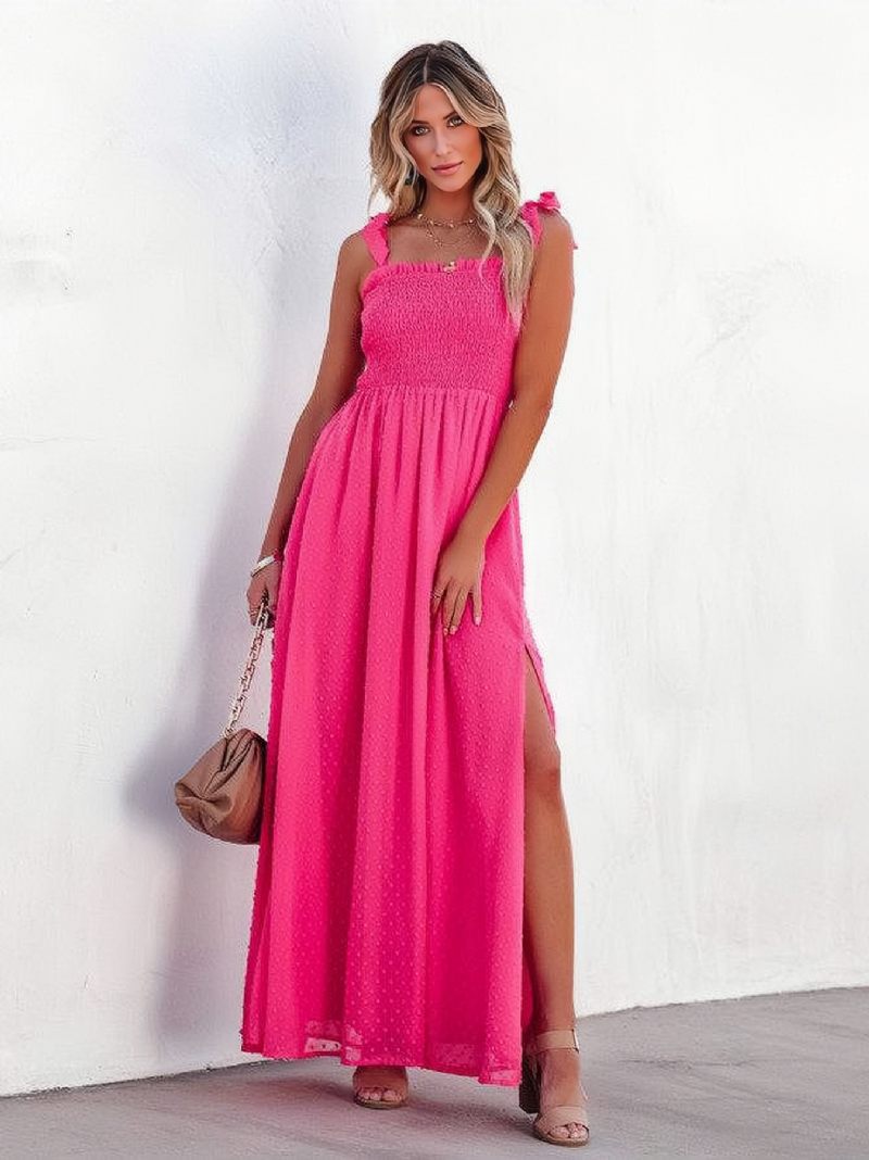 Robe Maxi Sans Manches Pour Femmes Tenue Décontractée Fente Basse Fendue Sur Le Devant Longueur Au Sol - Rose