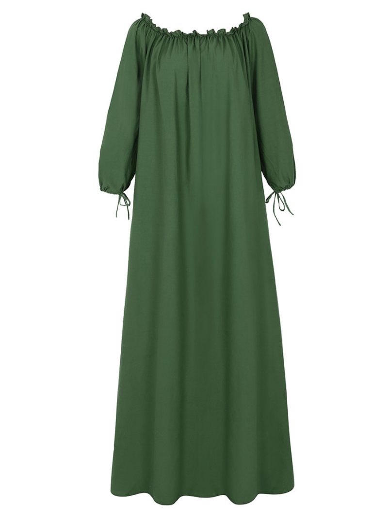 Robe Maxi Surdimensionnée Blanche À Manches Longues Pour Femmes Asymétrique Épaule Plissée Coton Longueur Au Sol - Vert