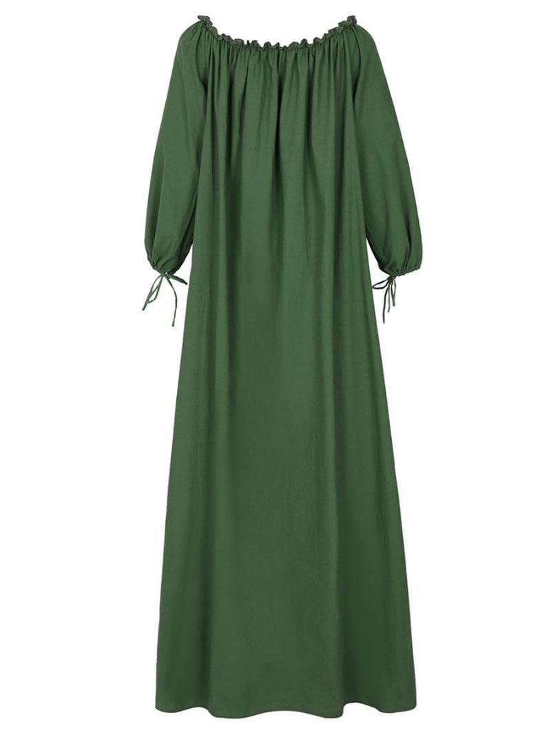 Robe Maxi Surdimensionnée Blanche À Manches Longues Pour Femmes Asymétrique Épaule Plissée Coton Longueur Au Sol - Vert