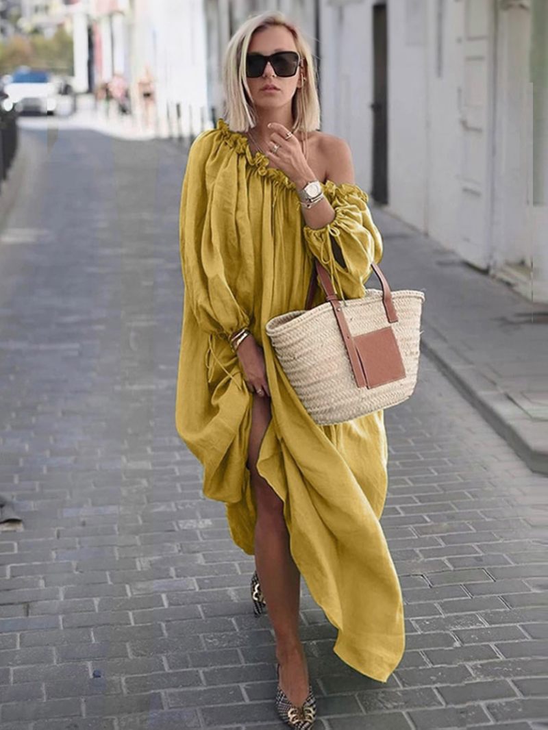 Robe Maxi Surdimensionnée Blanche À Manches Longues Pour Femmes Asymétrique Épaule Plissée Coton Longueur Au Sol - Jaune