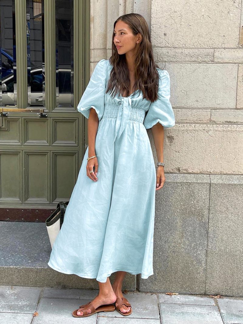 Robe Smockée Bleu Bébé Pour Femmes Nouée Manches Bouffantes Robes Longues Plage Et Jour