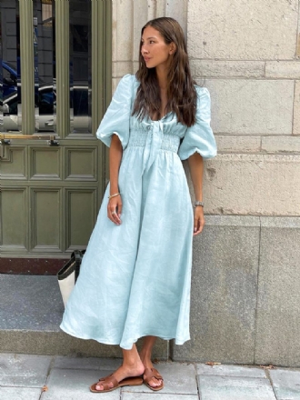 Robe Smockée Bleu Bébé Pour Femmes Nouée Manches Bouffantes Robes Longues Plage Et Jour