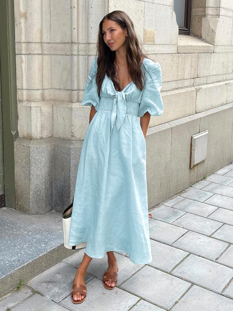 Robe Smockée Bleu Bébé Pour Femmes Nouée Manches Bouffantes Robes Longues Plage Et Jour - Bleu