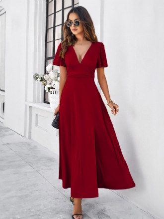 Robe Soirée Pour Femmes Col V Manches Courtes Fente Robes Cocktail Maxi