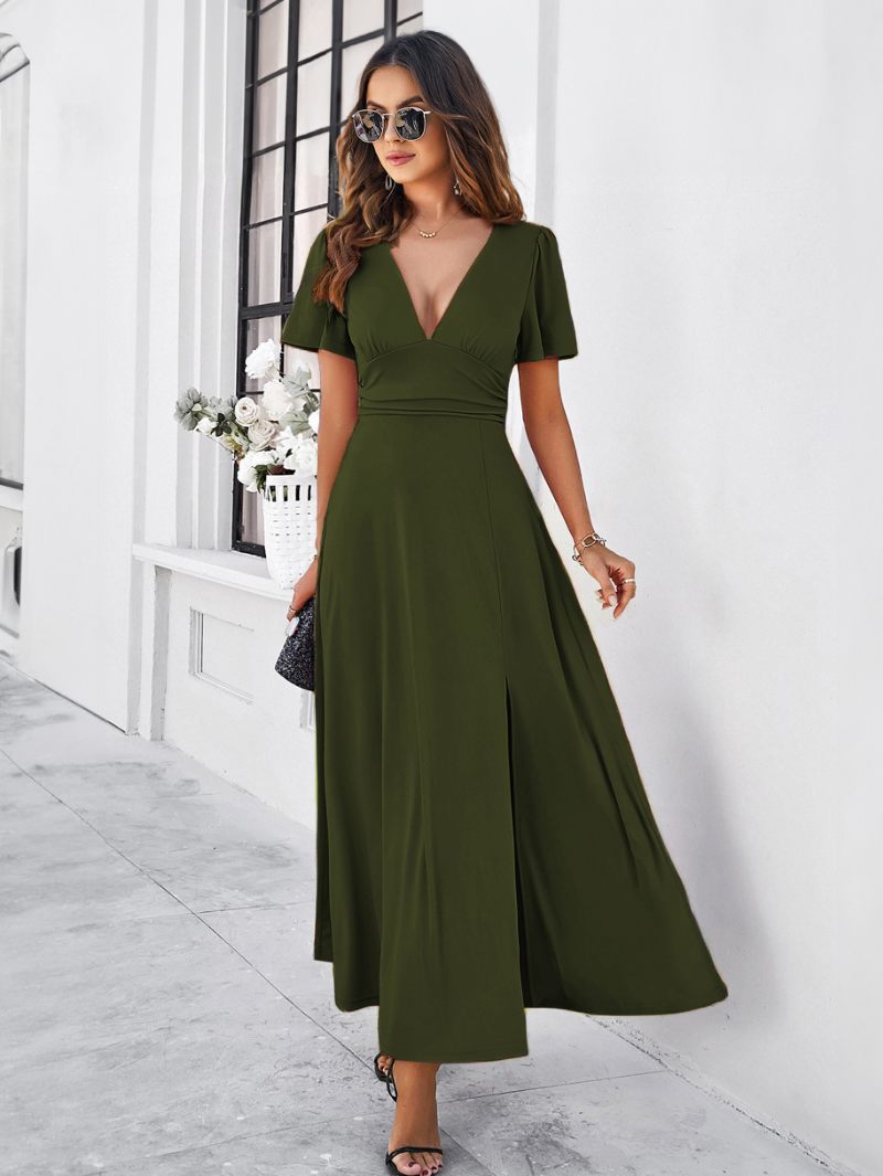 Robe Soirée Pour Femmes Col V Manches Courtes Fente Robes Cocktail Maxi - Vert