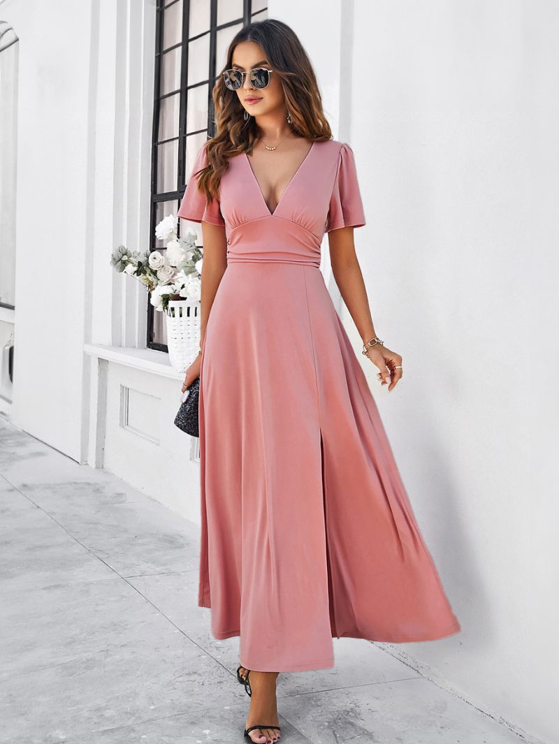 Robe Soirée Pour Femmes Col V Manches Courtes Fente Robes Cocktail Maxi - Rose