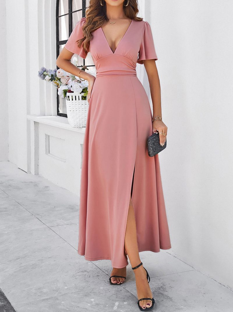 Robe Soirée Pour Femmes Col V Manches Courtes Fente Robes Cocktail Maxi - Rose